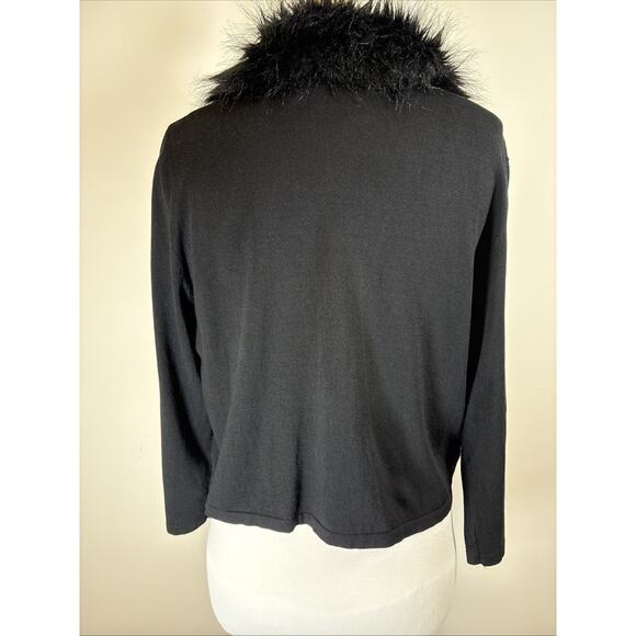 Black Faux Fur Trim Silk Blend Cardigan XL Y2K Mob Wife Witchy Goth Spense - Picture 3 of 16
